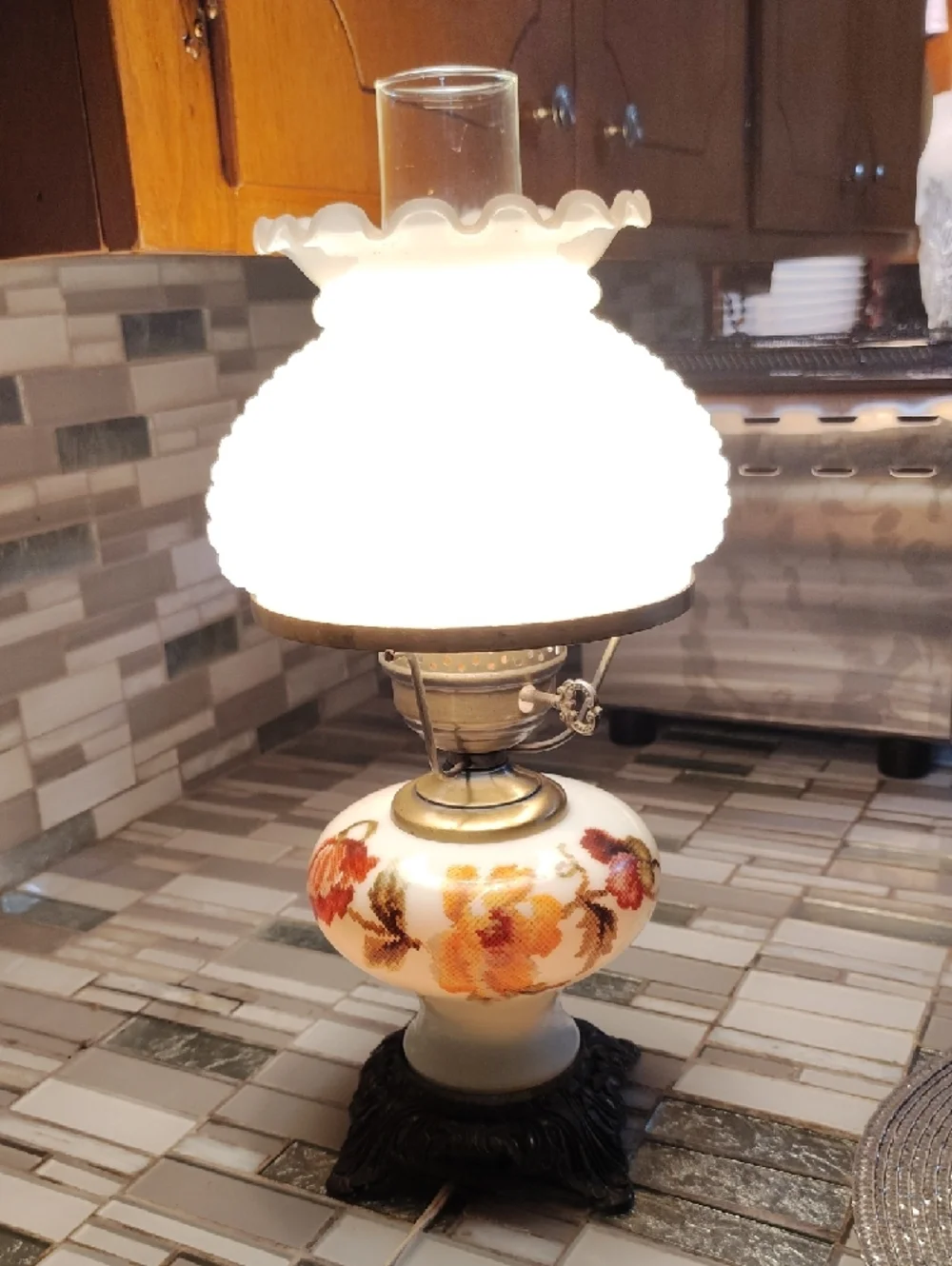 Vintage-Style White Hobnail Glass Table Lamp with Floral Base